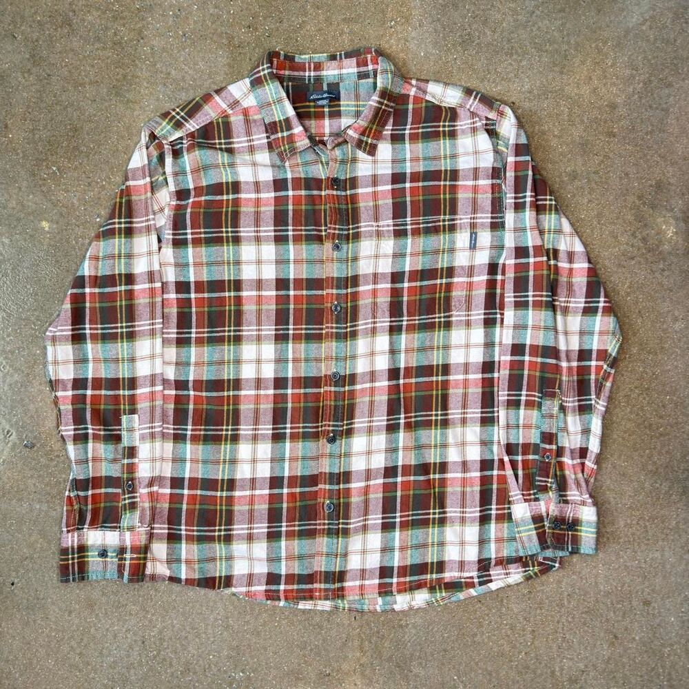 Eddie Bauer Flannel Shirt Mens XXL Plaid Multicolor Button Up Outdoor Cotton